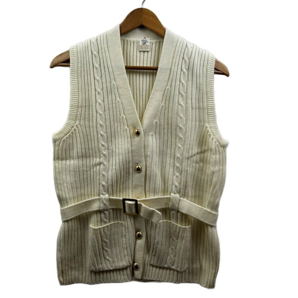Fashion Wagon Vintage Sweater‎ Vest Women XL Cream Belted Cable Knit Cottagecore